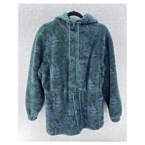 Vintage L.L. Bean Women's sz M Oak Leaf Print Green Blue Fleece Zip Up Hoodie